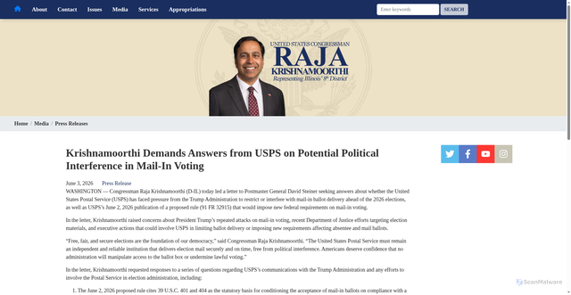 Security scan screenshot of http://krishnamoorthi.house.gov/media/press-releases/krishnamoorthi-demands-answers-usps-potential-political-interference-mail