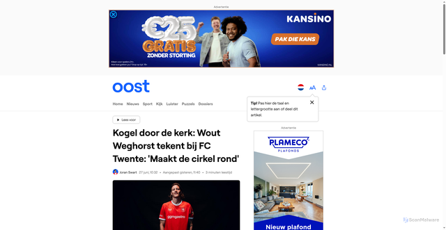 Security scan screenshot of https://www.oost.nl/sport/3666043/kogel-door-de-kerk-wout-weghorst-tekent-bij-fc-twente-maakt-de-cirkel-rond