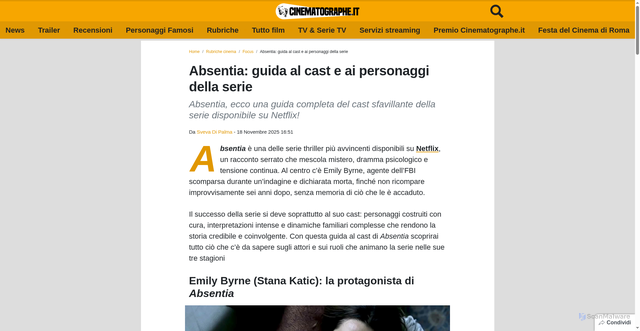 Security scan screenshot of https://www.cinematographe.it/rubriche-cinema/focus/absentia-trama-cast-personaggi-serie/