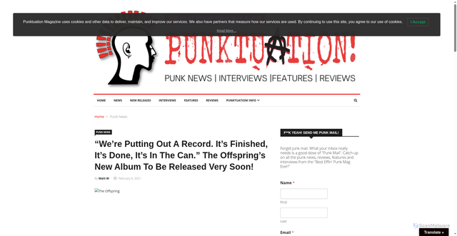 Security scan screenshot of https://www.punktuationmag.com/were-putting-out-a-record-its-finished-its-done-its-in-the-can-the-offsprings-new-album-to-be-released-very-soon/