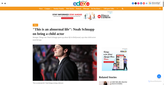 Security scan screenshot of https://www.edexlive.com/news/this-is-an-abnormal-life-noah-schnapp-on-being-a-child-actor
