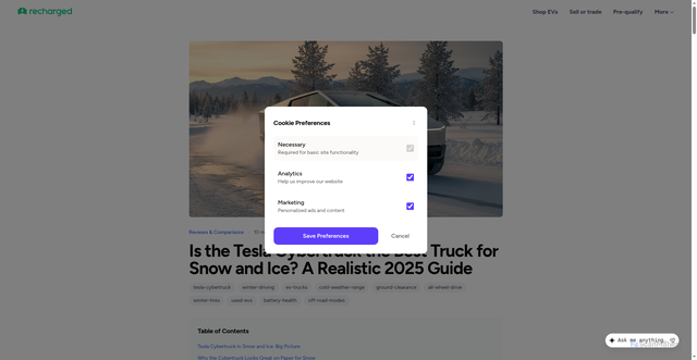 Security scan screenshot of https://recharged.com/articles/tesla-cybertruck-best-for-snow-and-ice?srsltid=AfmBOooIg8qSzSSDkyQkrdc3Mz0iJn08zF127GiItJPebA16yzYyKOYh