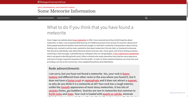 Security scan screenshot of https://sites.wustl.edu/meteoritesite/items/what_to_do/