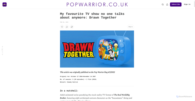Security scan screenshot of https://www.popwarrior.co.uk/p/my-favourite-tv-show-no-one-talks-about-anymore-drawn-together