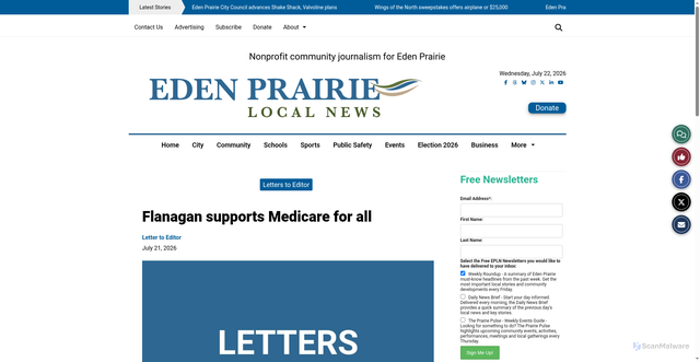 Security scan screenshot of https://eplocalnews.org/2026/07/21/flanagan-supports-medicare-for-all/