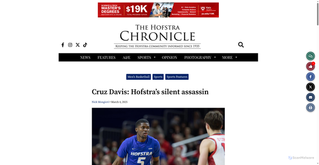 Security scan screenshot of https://thehofstrachronicle.com/103391/sports/cruz-davis-hofstras-silent-assassin/