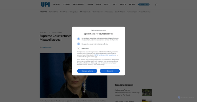 Security scan screenshot of https://www.upi.com/Top_News/US/2025/10/06/supreme-court-refuses-ghislaine-maxwell-appeal/8061759765825/