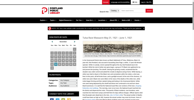 Security scan screenshot of https://www.portlandlibrary.com/life-of-the-library/tulsa-race-massacre-may-31-1921-june-1-1921/