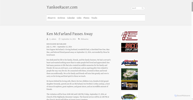 Security scan screenshot of https://yankeeracer.com/2024/09/24/ken-mcfarland-passes-away/