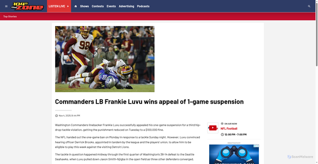 Security scan screenshot of https://www.1045thezone.com/2025/11/04/commanders-lb-frankie-luvu-wins-appeal-of-1-game-suspension/