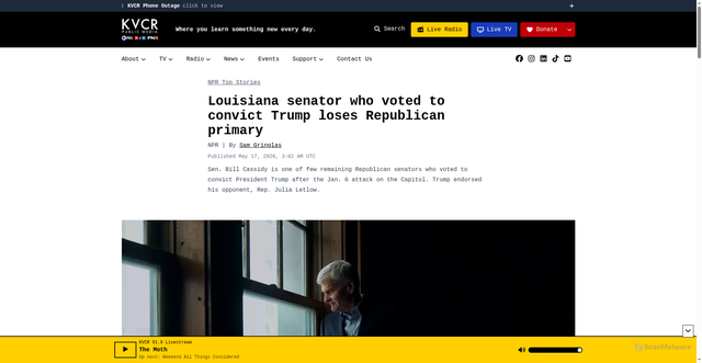 Security scan screenshot of https://kvcr.org/news/npr-top-stories/2026-05-16/bill-cassidy-lost-louisiana-primary-letlow-trump