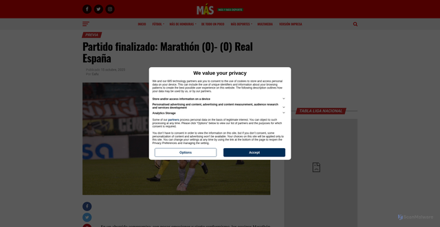 Security scan screenshot of https://www.diariomas.hn/2025/10/15/alineaciones-marathon-real-espana-9/