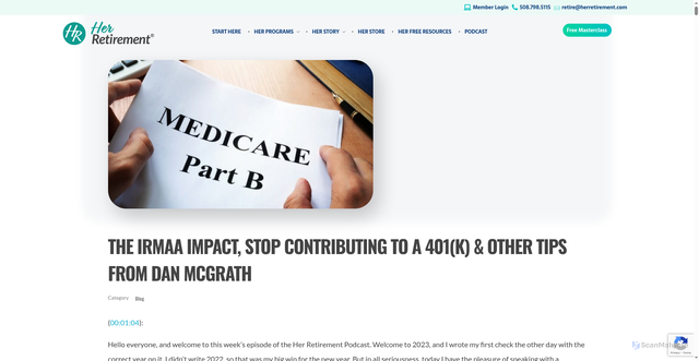 Security scan screenshot of https://herretirement.com/2023/01/06/the-irmaa-impact-stop-contributing-to-a-401k-other-tips-from-dan-mcgrath/