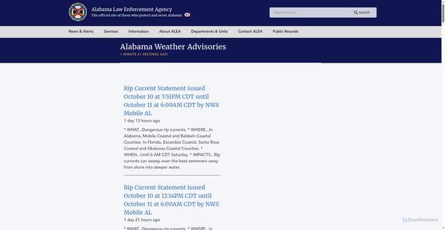 Security scan screenshot of https://www.alea.gov/weather-advisories
