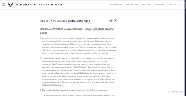 Security scan screenshot of https://www.wpafb.af.mil/Welcome/Fact-Sheets/Display/Article/4021076/88-abw-2025-hazardous-weather-letter-qa/