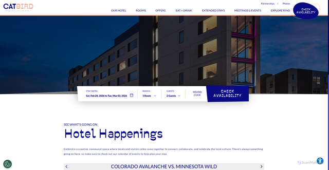 Security scan screenshot of https://www.catbirdhotel.com/explore-rino/calendar-of-events/colorado-avalanche-vs-minnesota-wild-2-26