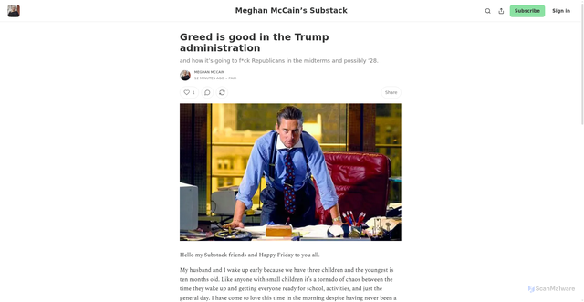 Security scan screenshot of https://meghanmccain.substack.com/p/greed-is-good-in-the-trump-administration