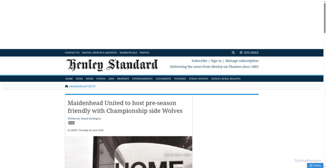 Security scan screenshot of https://www.henleystandard.co.uk/gallery/maidenhead-utd-fc/706755/maidenhead-united-to-host-pre-season-friendly-withchampionship-side-wolves.html