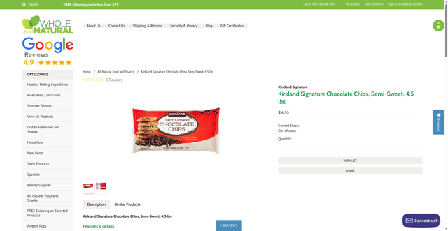 Security scan screenshot of https://www.wholeandnatural.com/kirkland-signature-chocolate-chips-semi-sweet-4-5-lbs/?srsltid=AfmBOopMTSUZ1i69CISkB7j-Jd84g9VklJauOnBcjZ51W66YRFaDFsTK
