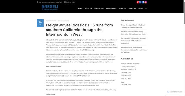 Security scan screenshot of https://heavyhaultexas.com/freightwaves-classics-i-15-runs-from-southern-california-through-the-intermountain-west/