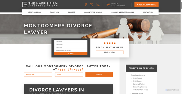 Security scan screenshot of https://www.theharrisfirmllc.com/montgomery-divorce-lawyer/