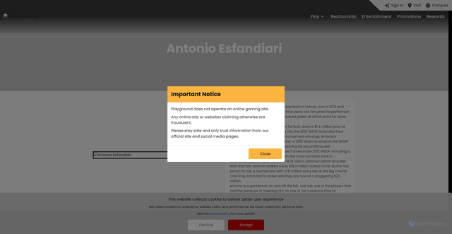 Security scan screenshot of https://www.playground.ca/poker/player/antonio-esfandiari