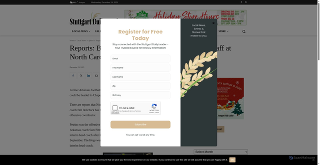 Security scan screenshot of https://www.stuttgartdailyleader.com/reports-bobby-petrino-joining-bill-belichicks-staff-at-north-carolina/