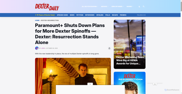Security scan screenshot of https://www.dexterdaily.com/2025/10/paramount-dexter-spinoffs-resurrection.html
