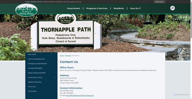 Security scan screenshot of https://www.townofchevychase.org/203/Contact-Us