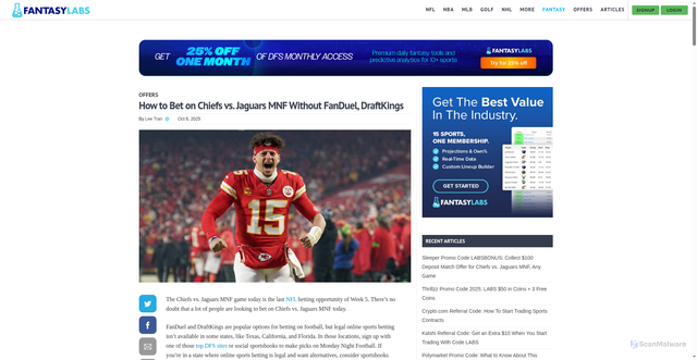 Security scan screenshot of https://www.fantasylabs.com/articles/how-to-bet-on-chiefs-vs-jaguars-mnf-without-fanduel-draftkings/