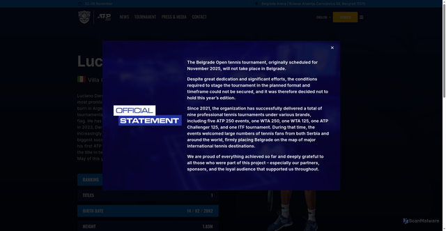 Security scan screenshot of https://serbiaopen.org/players/luciano-darderi/