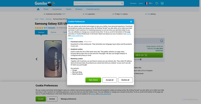 Security scan screenshot of https://www.gomibo.fr/en/samsung-galaxy-s25-ultra-eu