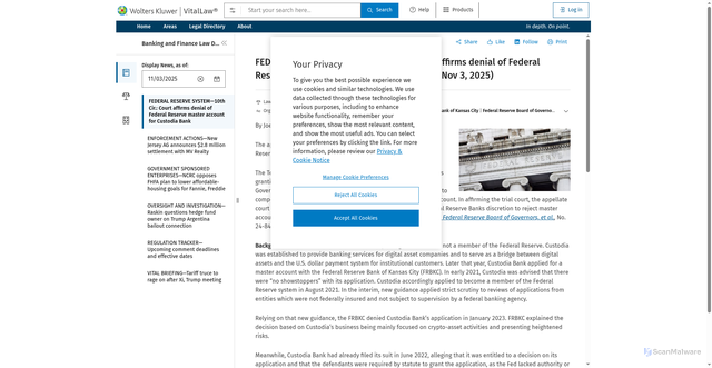 Security scan screenshot of https://www.vitallaw.com/news/federal-reserve-system-10th-cir-court-affirms-denial-of-federal-reserve-master-account-for-custodia-bank/blw01ac90a509d41a4f52ae394b9a3b94f33d