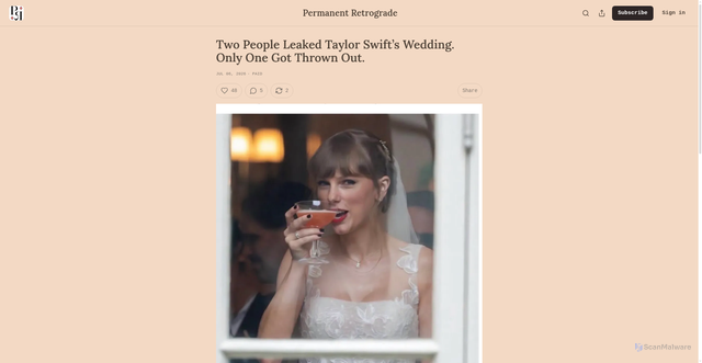 Security scan screenshot of https://kellyoxford.substack.com/p/two-people-leaked-taylor-swifts-wedding