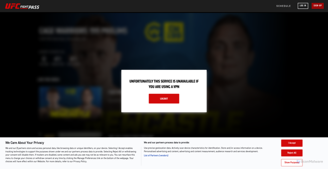 Security scan screenshot of https://welcome.ufcfightpass.com/schedule