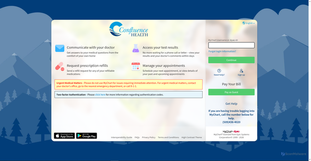 Security scan screenshot of https://mychart.confluencehealth.org