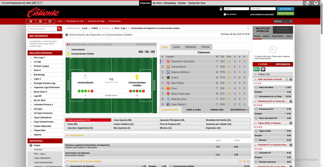 Security scan screenshot of https://bet.caliente.pe/es/e/13506496/Universitario-de-Deportes-vs-Comerciantes-Unidos