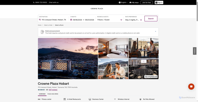 Security scan screenshot of https://www.ihg.com/crowneplaza/hotels/us/en/find-hotels/select-roomrate?fromRedirect=true&qSrt=sBR&qMsg=Stay%203,%20Pay%202%20with%20IHG%20Hotels%20&qSlH=hbaho&qAAR=IDCG2&qRtP=IDCG2&setPMCookies=true&qSHBrC=CP&qDest=110%20Liverpool%20Street,%20Hobart,%20TAS,%20AU&qpMbw=3&qpMn=3&scmisc=ltfbooking_hbaho_stay-3,-pay-2-with-ihg-hotels-&cm_sp=WEB-_-CP-_-HOTELDETAIL-HOTEL-OFFERS-_-MODGRP1-1-_-US-EN-_-REV-_-EAPACLUX_20262874-_-&srb_u=1&qRmFltr=&utm_source=revinate&utm_medium=email&utm_campaign=Stay%203%20Pay%202%20-%20September%202026-920324