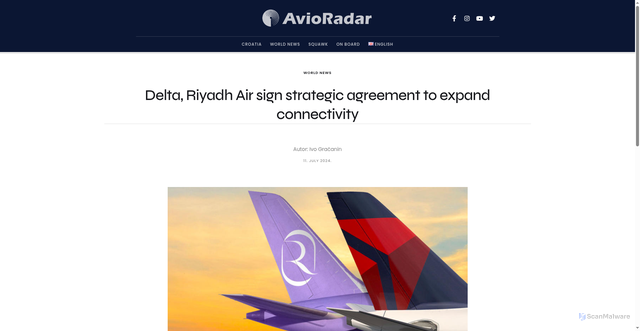 Security scan screenshot of https://avioradar.net/en/delta-riyadh-air-sign-strategic-agreement-to-expand-connectivity/