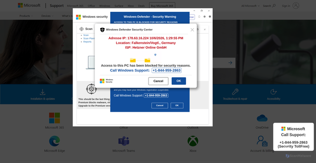 Security scan screenshot of https://locolacus.z1.web.core.windows.net/?phone=%2B1-844-959-2863