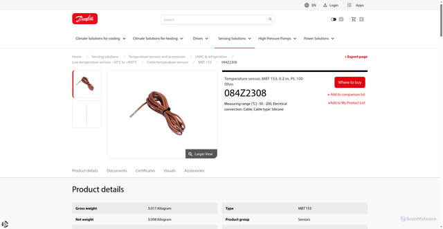 Security scan screenshot of https://store.danfoss.com/en/p/084Z2308