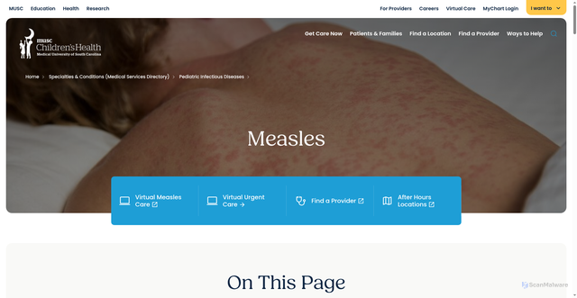 Security scan screenshot of https://children.muschealth.org/medical-services/infectious-disease/measles