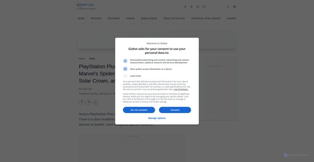 Security scan screenshot of https://www.gizbot.com/gaming/news/playstation-plus-game-catalog-for-february-marvel-spider-man-2-test-drive-unlimited-solar-crown-123327.html