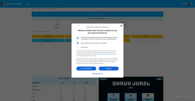 Security scan screenshot of https://advancecricket.com/cricket-player/dhruv-jurel/52525723