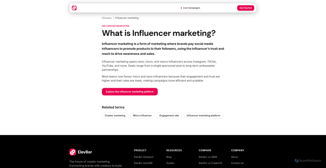 Security scan screenshot of https://www.elev8or.io/glossary/influencer-marketing