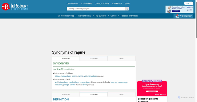 Security scan screenshot of https://dictionnaire.lerobert.com/en/synonyms/rapine