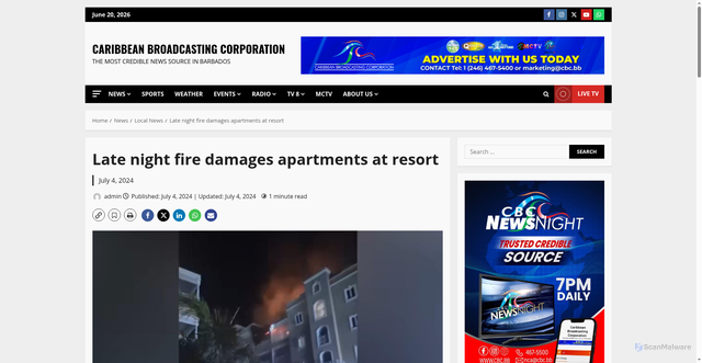 Security scan screenshot of https://www.cbc.bb/news/local-news/late-night-fire-damages-apartments-at-resort/