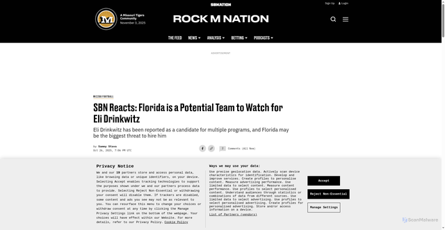 Security scan screenshot of https://www.rockmnation.com/missouri-tigers-football/126546/sbn-reacts-florida-is-a-potential-team-to-watch-for-eli-drinkwitz