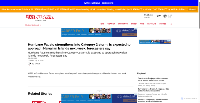 Security scan screenshot of https://northeast.newschannelnebraska.com/story/335984666/hurricane-fausto-strengthens-into-category-2-storm-is-expected-to-approach-hawaiian-islands-next-week-forecasters-say