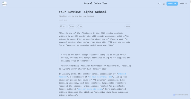 Security scan screenshot of https://www.astralcodexten.com/p/your-review-alpha-school